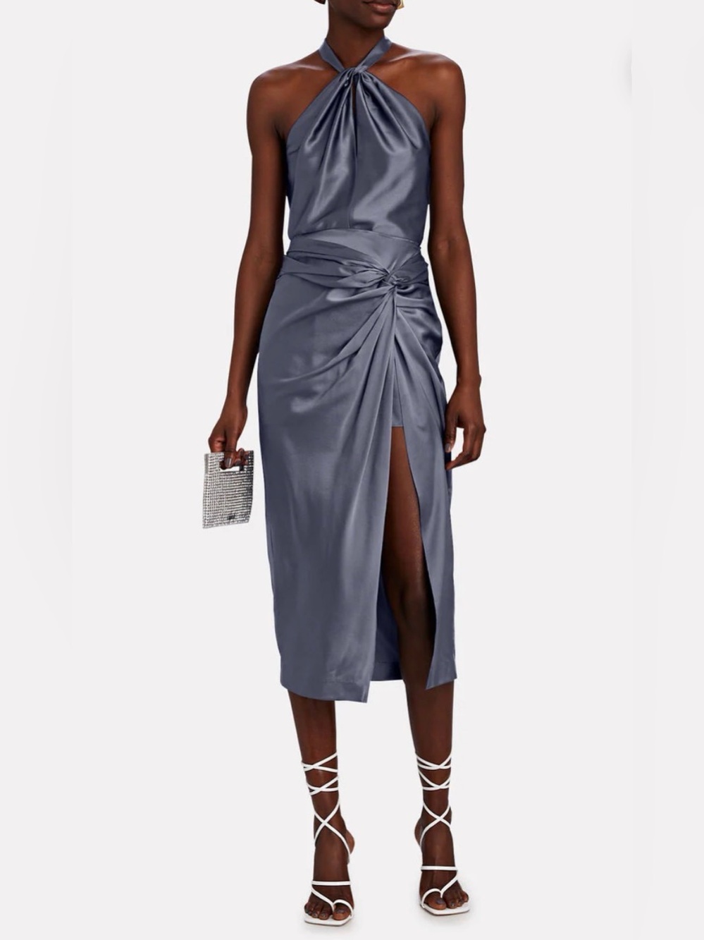 NWOT INTERMIX Satin Halter Top and Midi Skirt in Slate Blue Set